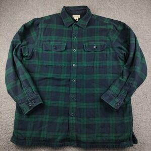 VTG LL Bean Shirt Jacket Mens Large Green Tartan Plaid Fleece Lined Button Up